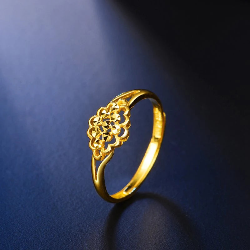 24K Gold ring Real solid au999 gold resizable trendy new hot flowers openings women's tail ring hollow