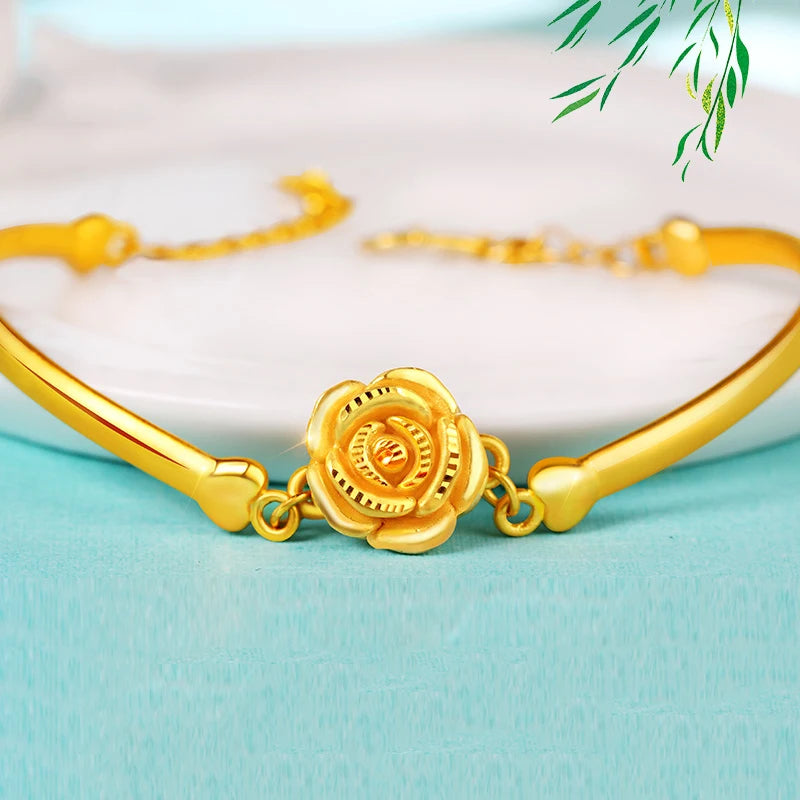 24K Pure Gold Bracelet Real 999 Solid Gold Bangle Solid Beautiful Rose Romantic Trendy Classic Jewelry