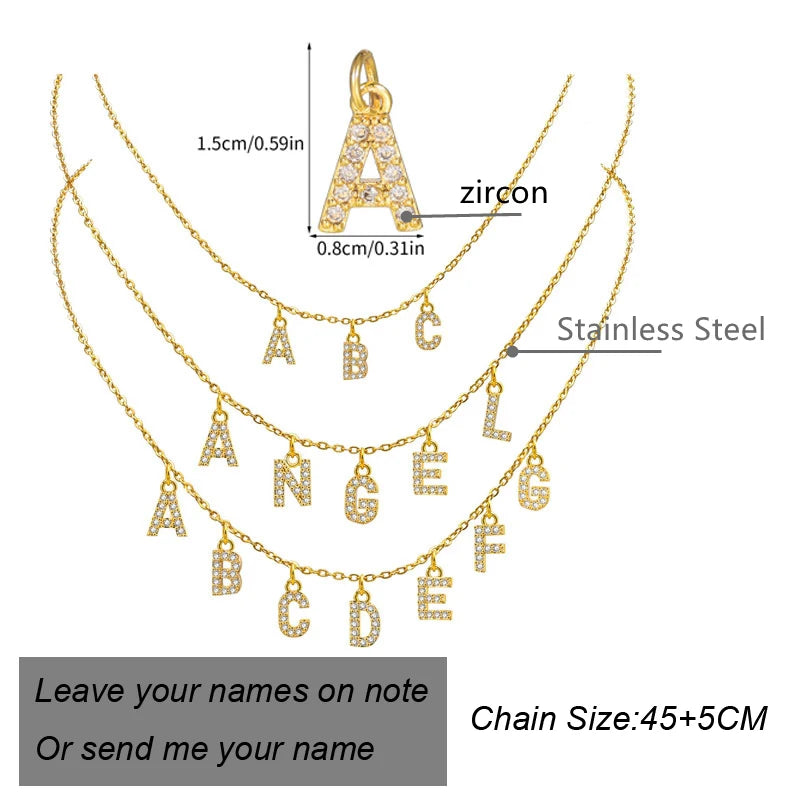 Personalized DIY Name Necklace for Women Gift Zircon Alpahbet Pendant Stainless Steel Custom Initial Collar Statement Charms
