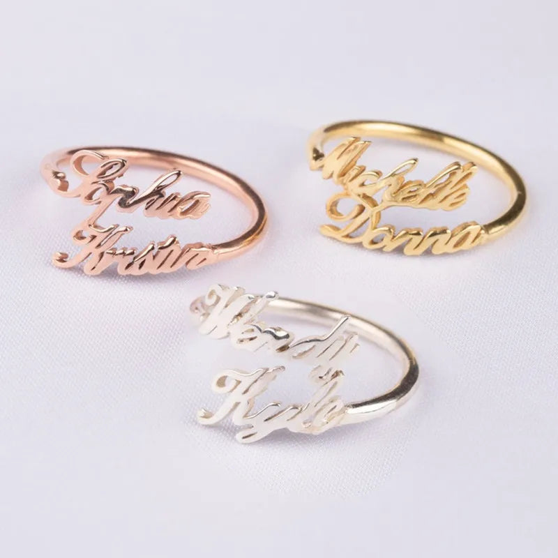 Bague personnalisée avec double nom et écriture manuscrite, cadeau personnalisé pour maman, bijoux en acier inoxydable, bague de couple empilable et réglable pour elle