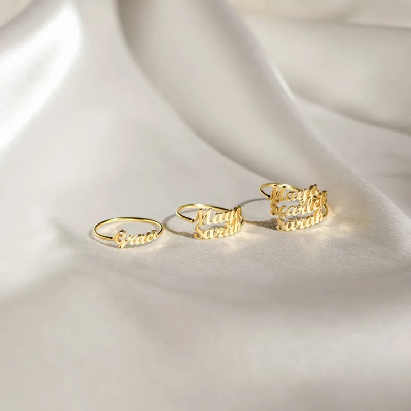 Bague personnalisée avec double nom et écriture manuscrite, cadeau personnalisé pour maman, bijoux en acier inoxydable, bague de couple empilable et réglable pour elle