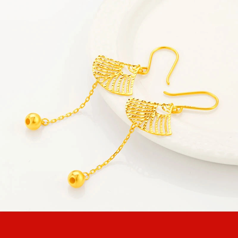 24K Pure Gold Earring Real AU 999 Solid Gold Earrings Nice Good Hollow Ball Tassel Upscale Trendy Fine Jewelry