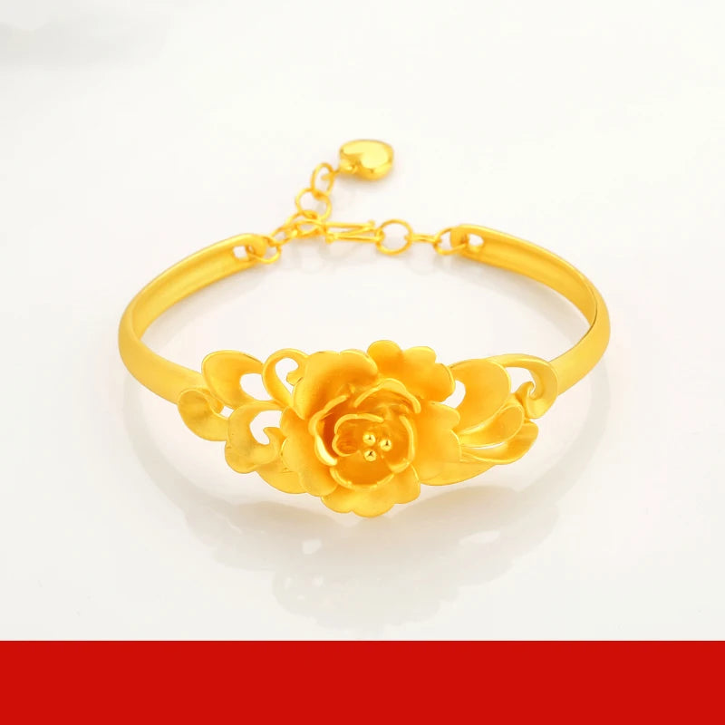 24K Pure Gold Bracelet Real 999 Solid Gold Bangle Flower Beautiful Rose  Classic Jewelry