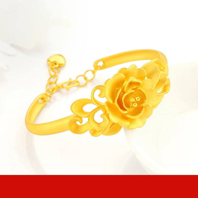 24K Pure Gold Bracelet Real 999 Solid Gold Bangle Flower Beautiful Rose  Classic Jewelry
