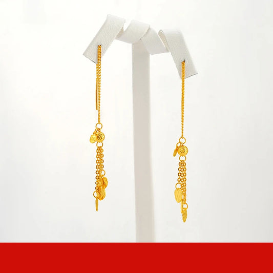 24K Pure Gold Earring Real AU 999 Solid Gold Earrings Nice Good  Tassel Upscale Trendy Fine Jewelry