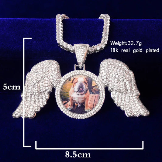Pendentif photo en forme de lettre à bulles, aile arrière solide, cercle vers le bas, breloque micro pavée, bijoux hip-hop rock pour hommes