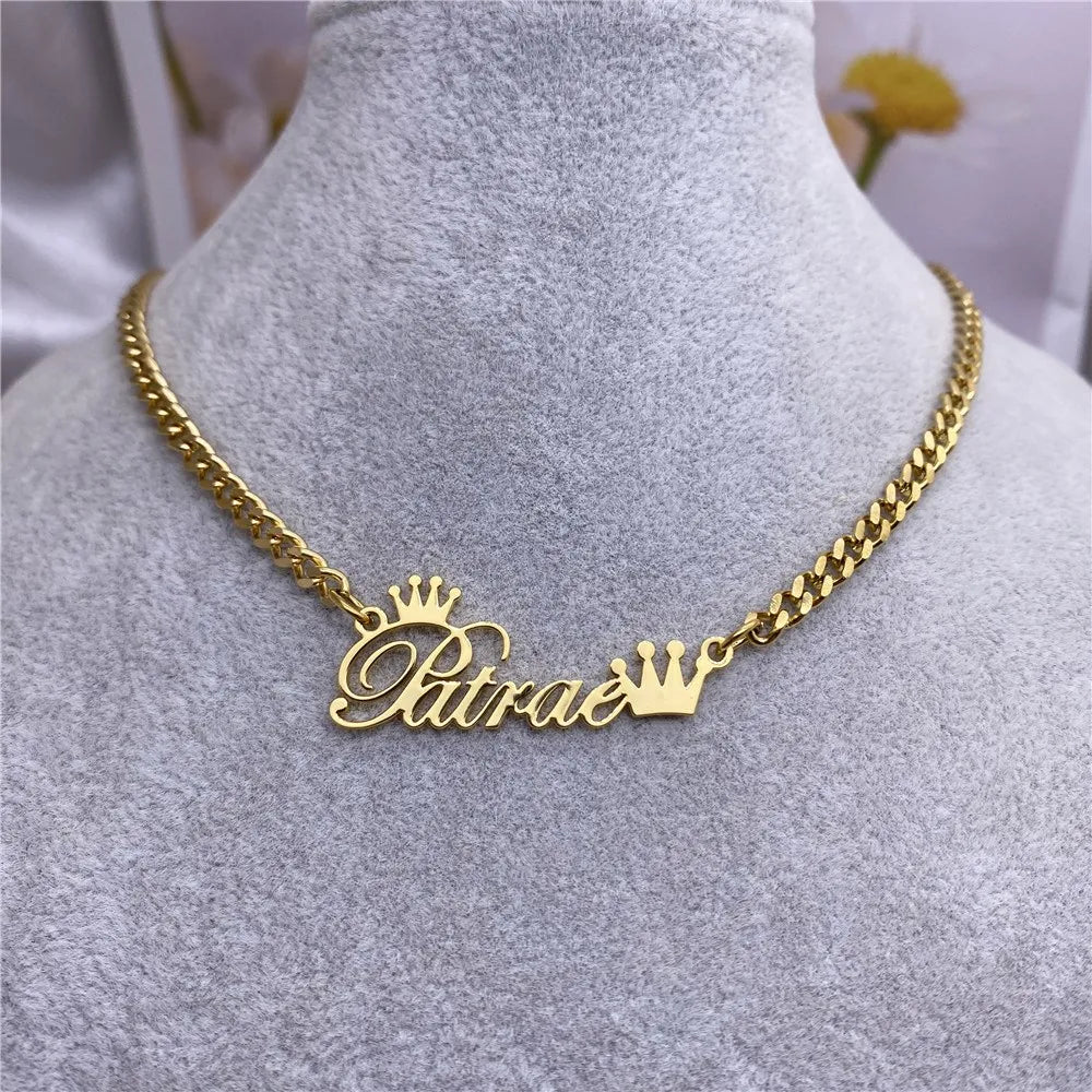 Custom Name Necklace with Crown Stainless Steel Cuban Chain Necklace Custom Choker Gold Necklace Jewelry Valentine's Day Gift