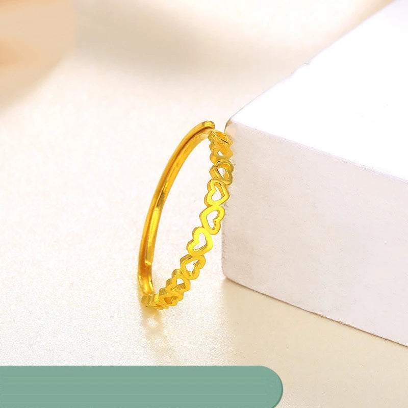 24K Pure Gold Ring Real AU 999 Solid Gold Rings  Shiny Heart Beautiful Upscale Trendy Classic Jewelry