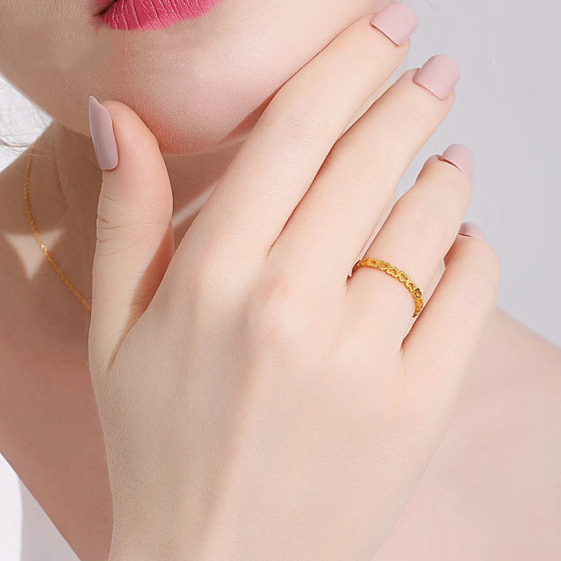 24K Pure Gold Ring Real AU 999 Solid Gold Rings  Shiny Heart Beautiful Upscale Trendy Classic Jewelry