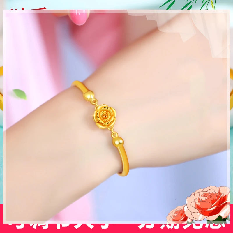24K Pure Gold Bracelet Real 999 Solid Gold Bangle Solid Beautiful Rose Romantic Trendy  Classic Jewelry