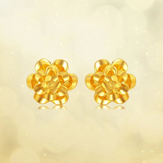 24kPure Gold Flower Shape Stud Earrings Exquisite Hollow Style Beautiful Highlight  Literary Style 999Solid Gold A Pair