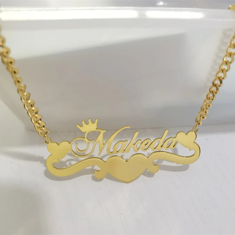 Collier personnalisé avec nom en forme de cœur et ruban en forme de cœur, pendentif en forme de couronne en acier inoxydable, bijoux pour femmes, cadeaux pour meilleurs amis