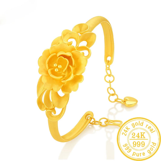24K Pure Gold Bracelet Real 999 Solid Gold Bangle Flower Beautiful Rose  Classic Jewelry