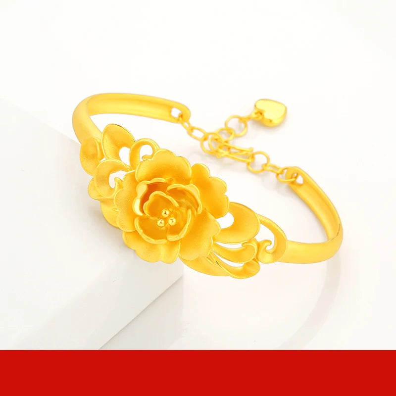 24K Pure Gold Bracelet Real 999 Solid Gold Bangle Flower Beautiful Rose  Classic Jewelry