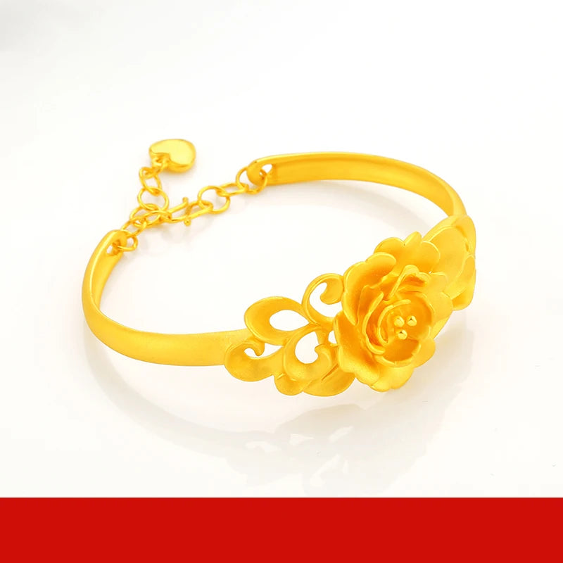 24K Pure Gold Bracelet Real 999 Solid Gold Bangle Flower Beautiful Rose  Classic Jewelry