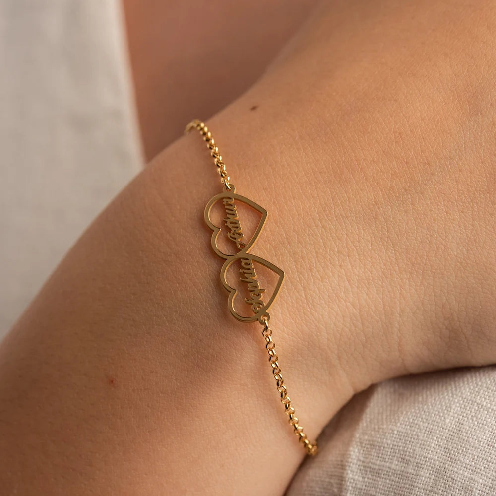 Customized  Double Name  Heart Bracelet Handmade Jewelry Stainless Steel Nameplate Bracelets Femme Personalized Gifts for Women