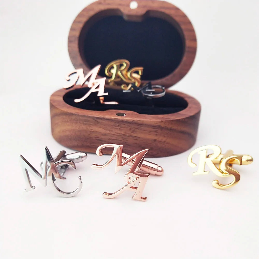 Boutons de manchette personnalisés Tangula pour hommes mariés boutons de manchette initiales en acier inoxydable boîte-cadeau en chêne de souhait bijoux de mariage cadeau de marié