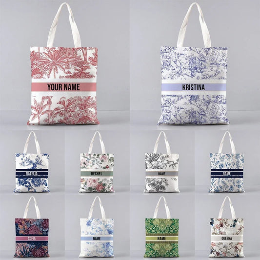 Custom Name Bridesmaid Wedding Gifts Vintage Floral Tote Bag Women Shopper Supermarket Handbag Canvas Brand Side Bag for Ladies