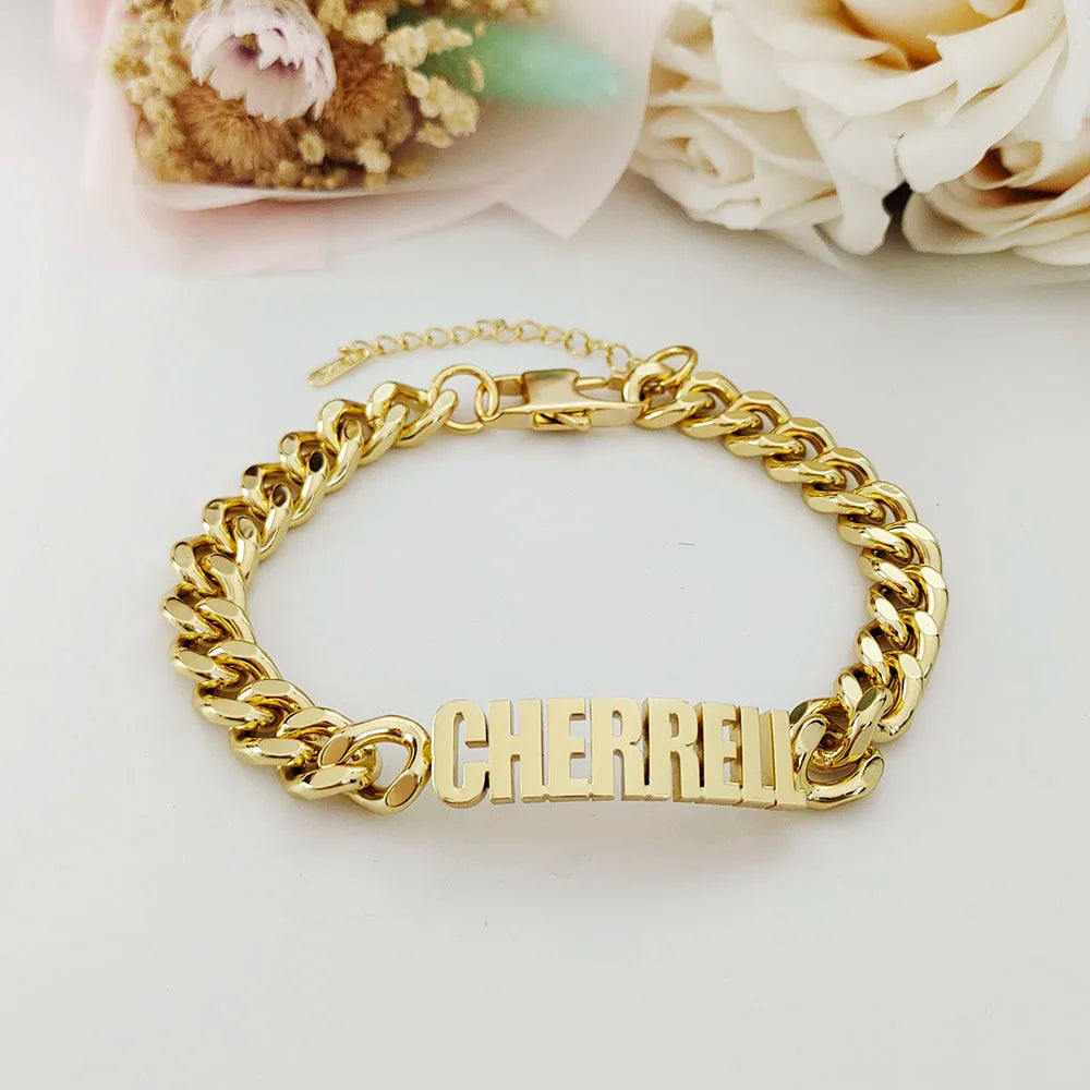 Customized Name Bracelet Stainless Steel Personalize 10MM Cuban Chain Letter Bracelet Women Men Family Gift
