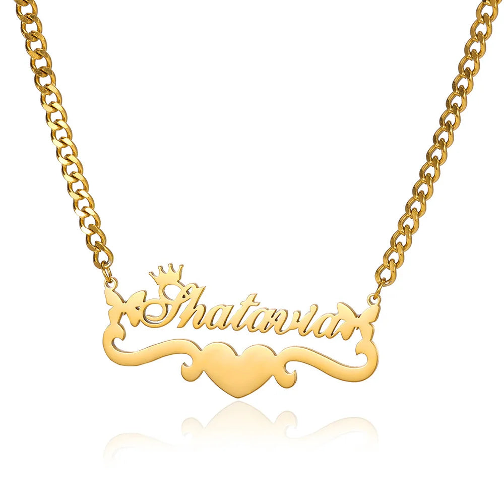 Collier personnalisé avec nom de papillon et ruban en forme de cœur, pendentif en acier inoxydable avec plaque signalétique en forme de couronne, meilleur cadeau pour femme