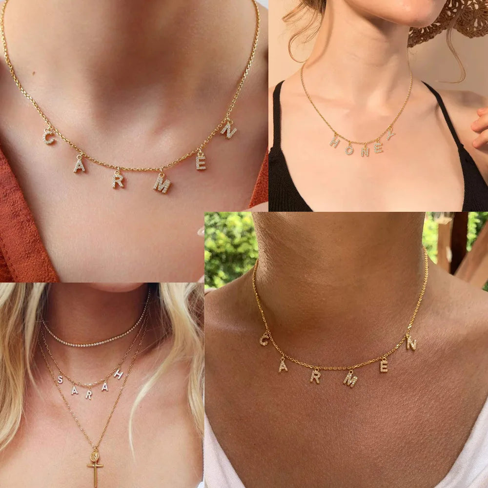 Personalized DIY Name Necklace for Women Gift Zircon Alpahbet Pendant Stainless Steel Custom Initial Collar Statement Charms