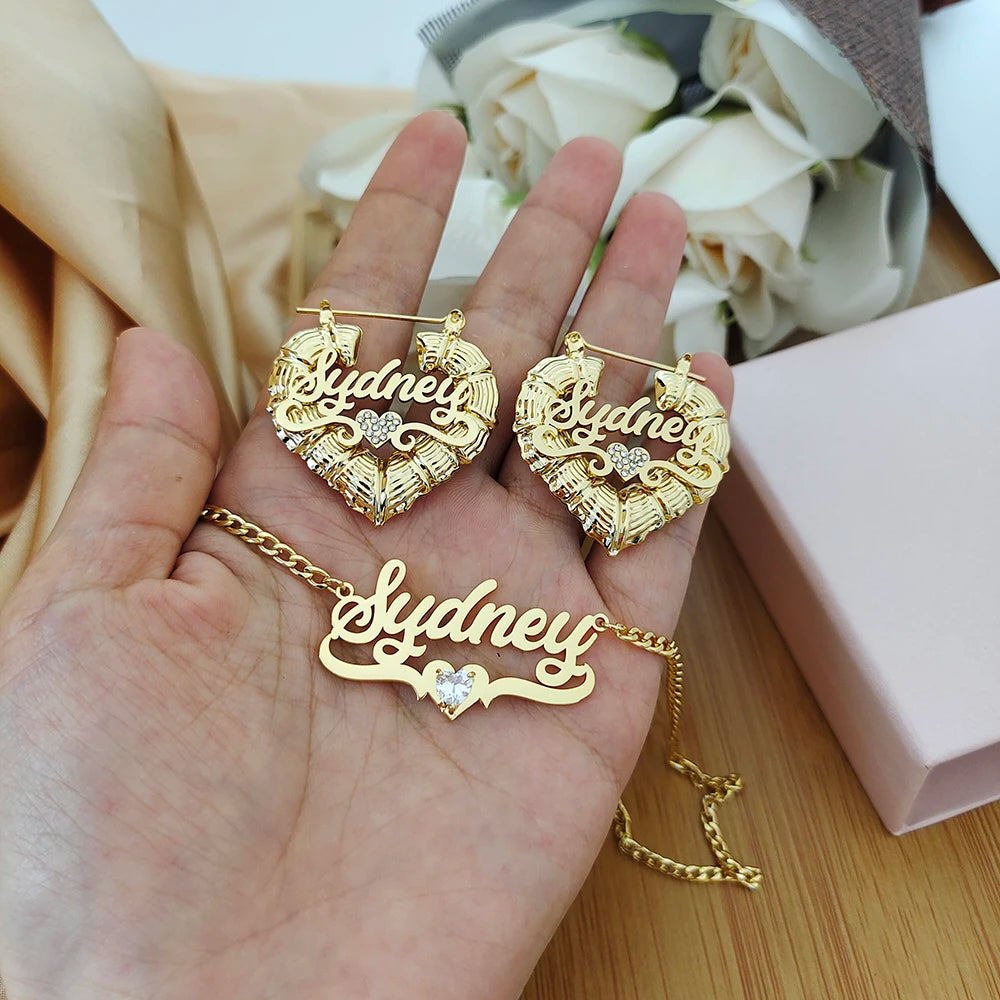 Ensembles de bijoux personnalisés avec nom 2023, boucles d'oreilles en acier inoxydable, cœur en bambou et collier en zircon avec lettres, cadeaux pour femmes et enfants