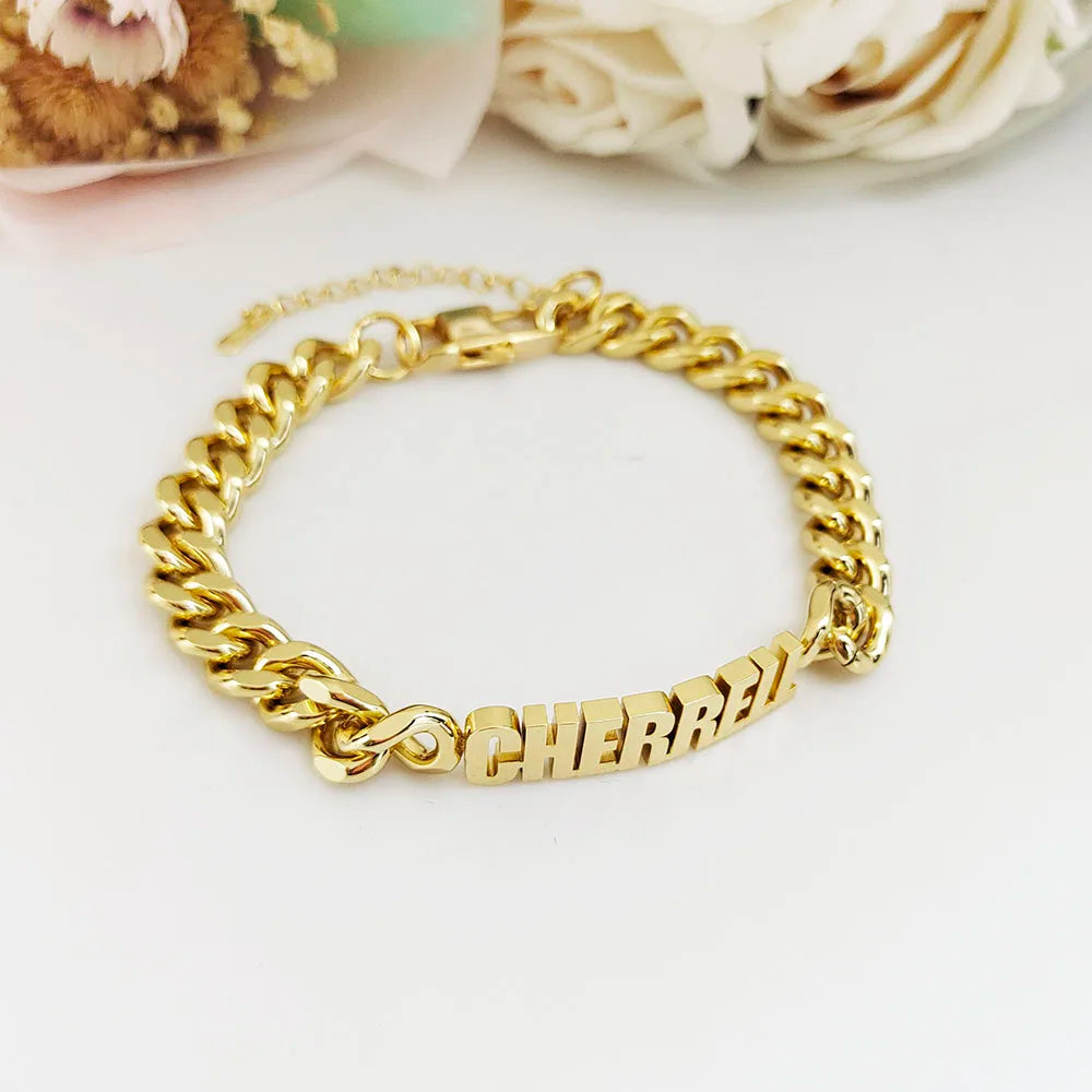 Customized Name Bracelet Stainless Steel Personalize 10MM Cuban Chain Letter Bracelet Women Men Family Gift