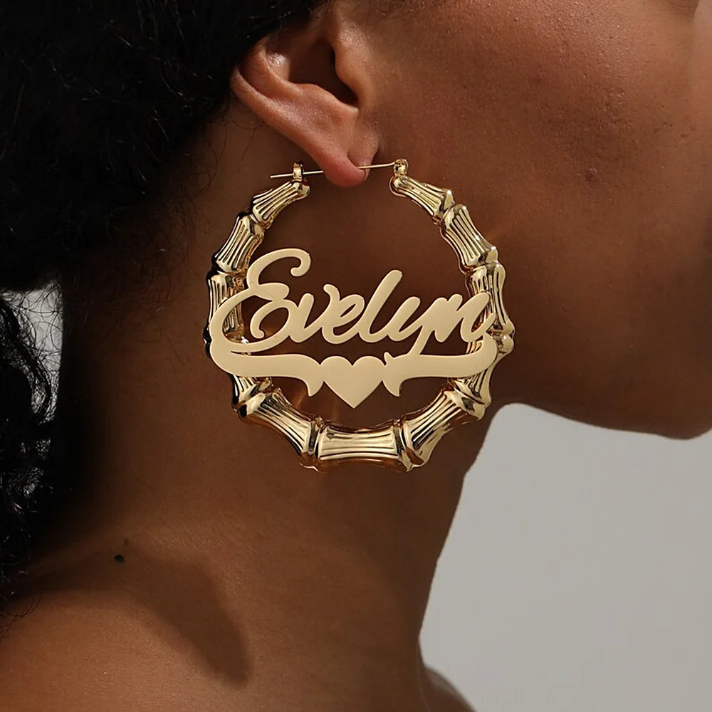 Bamboo Custom Name Earrings 50mm 80mm 100mm Big Hoop Earrings for Women Gold Stainless Steel Jewelry Personalized Christmas Gift