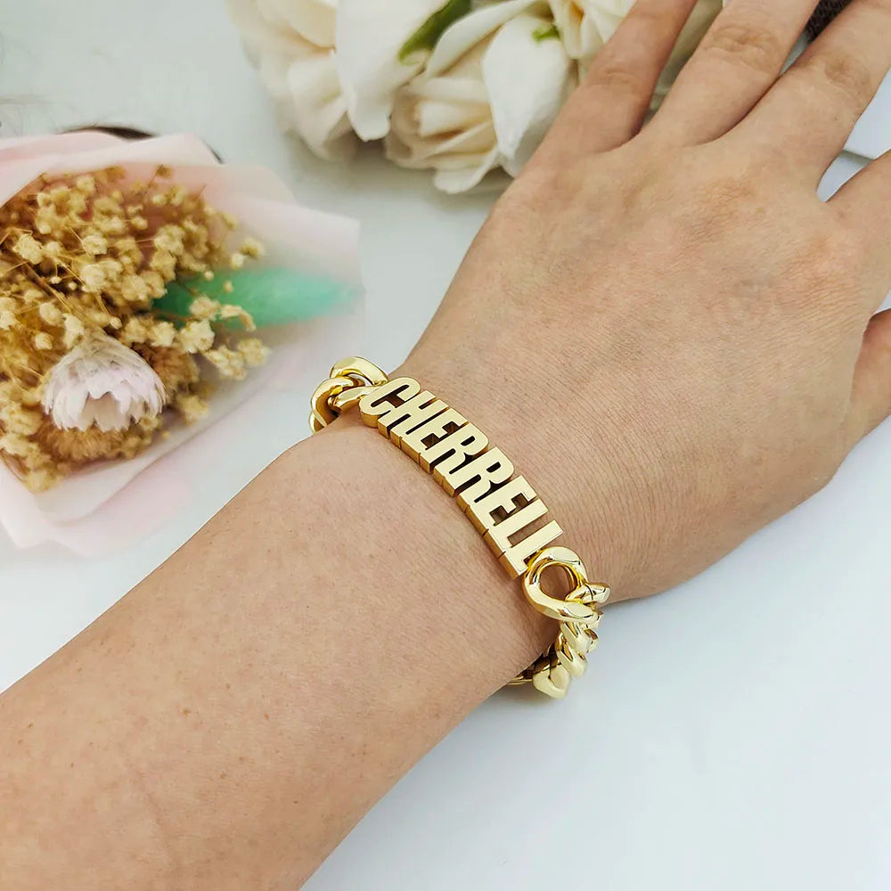 Customized Name Bracelet Stainless Steel Personalize 10MM Cuban Chain Letter Bracelet Women Men Family Gift