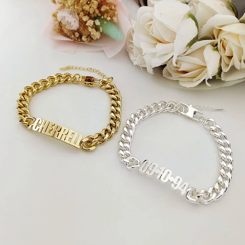 Customized Name Bracelet Stainless Steel Personalize 10MM Cuban Chain Letter Bracelet Women Men Family Gift