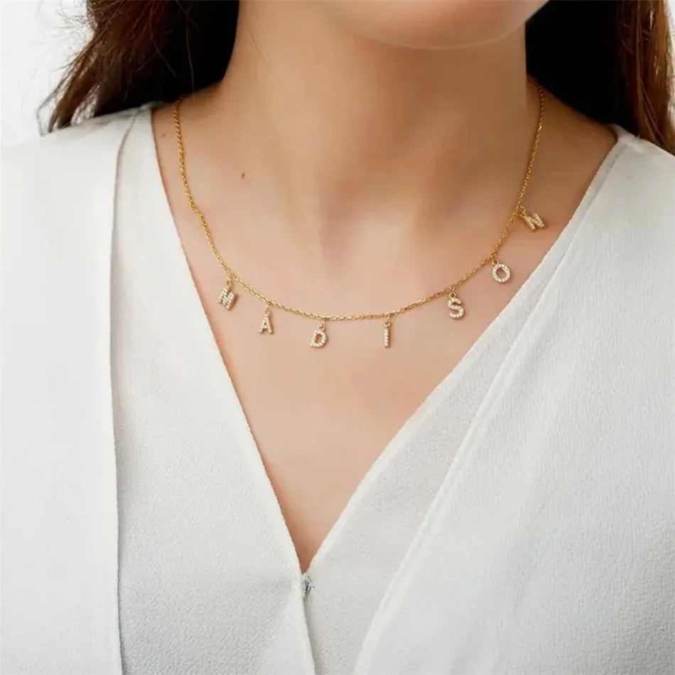 Personalized DIY Name Necklace for Women Gift Zircon Alpahbet Pendant Stainless Steel Custom Initial Collar Statement Charms